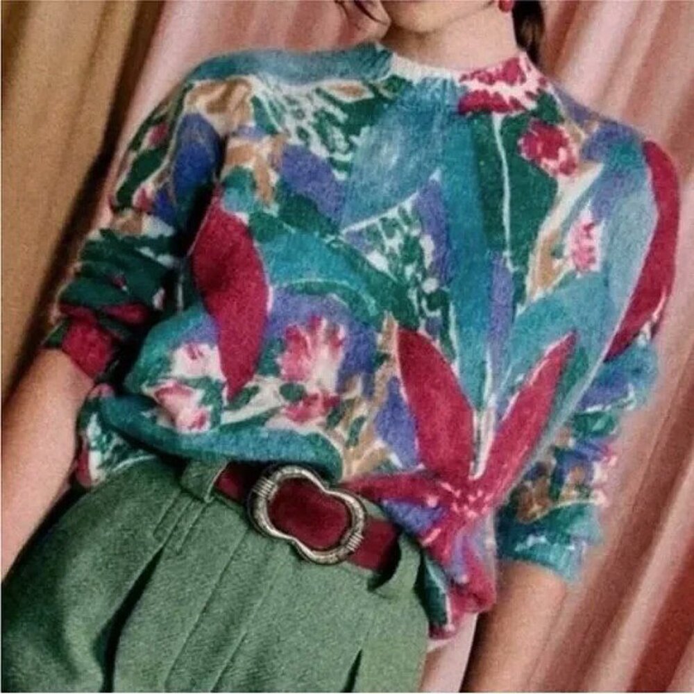 EUC Sezane Ines Floral Mohair Wool Sweater Teal Pink Small